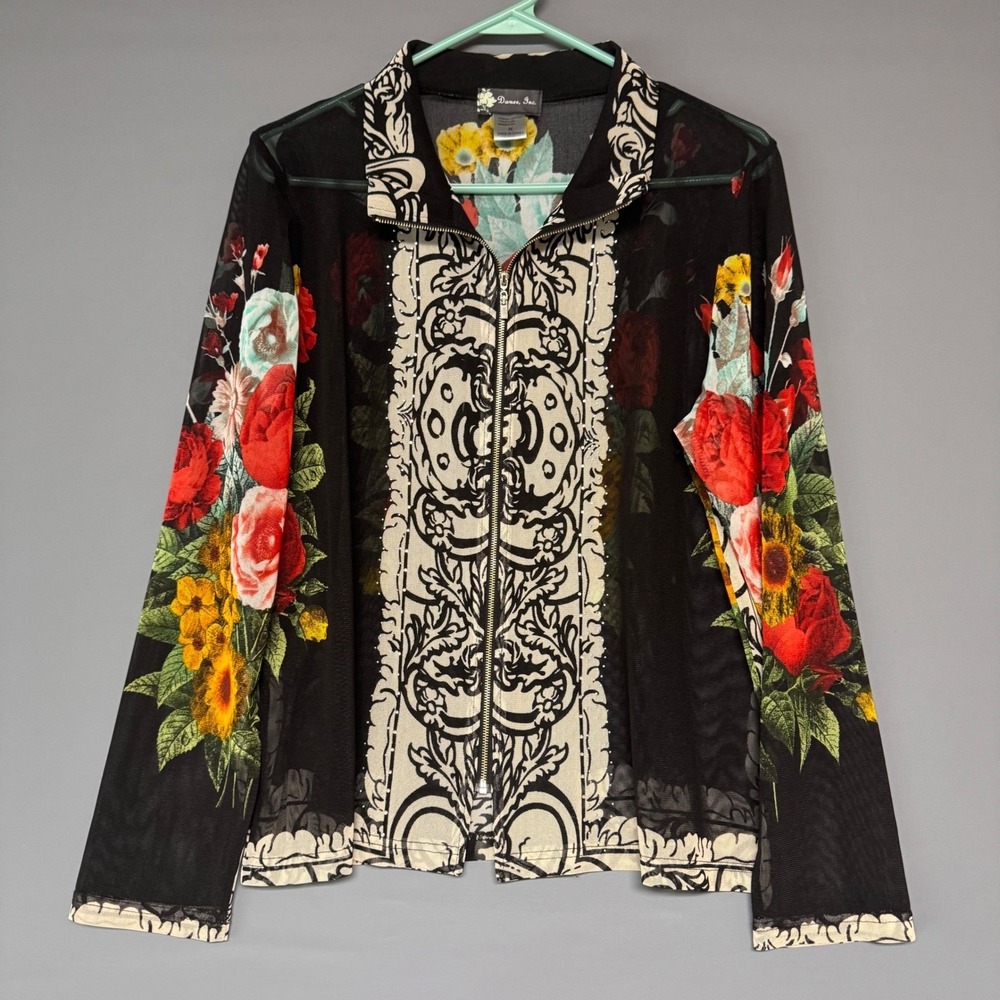 Damee Inc Sheer Mesh Floral Baroque Zip Up Jacket Rhinestone Black Red Yellow M